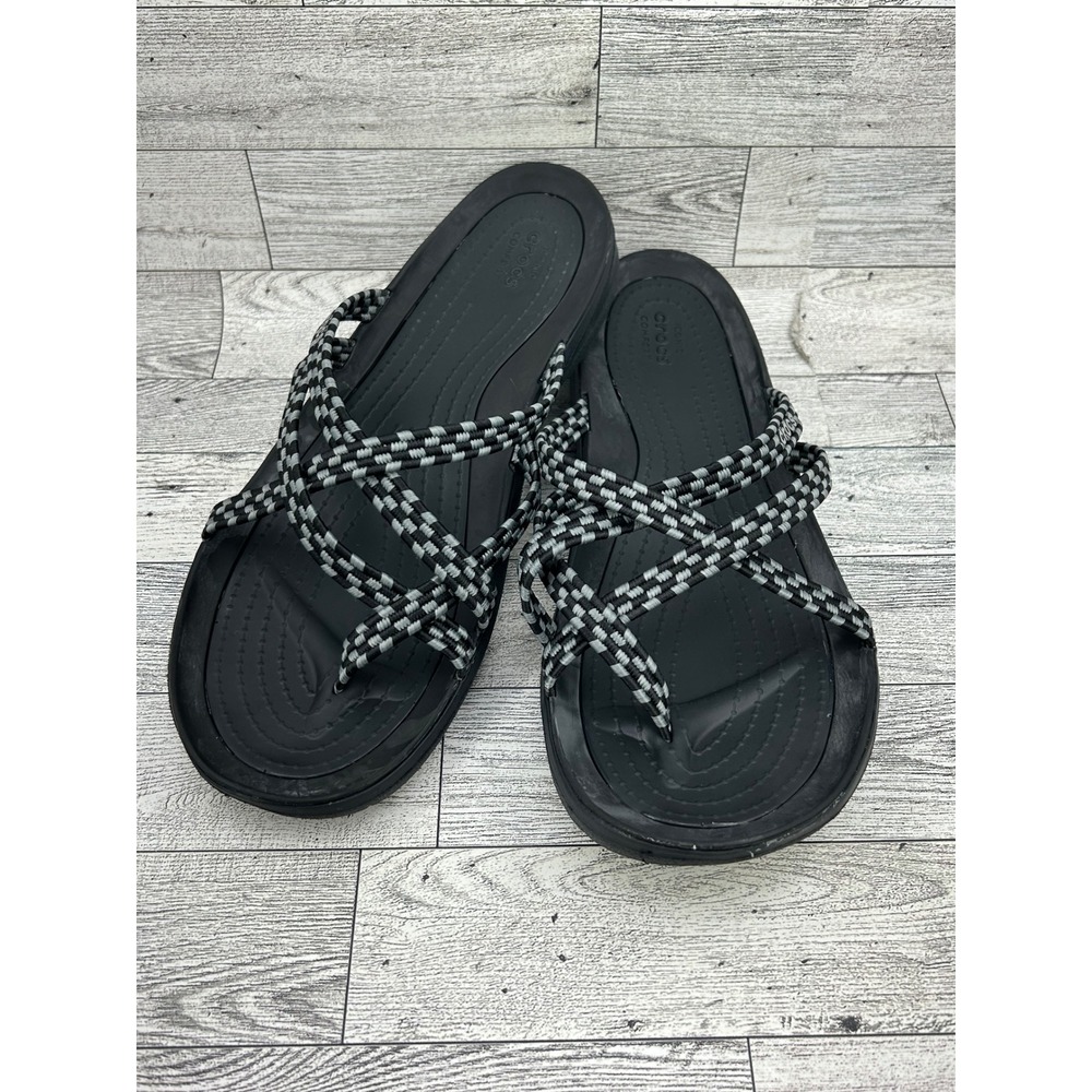 Crocs Swiftwater Strappy Sandals Women Sz 10 Black White Woven Comfort 203998